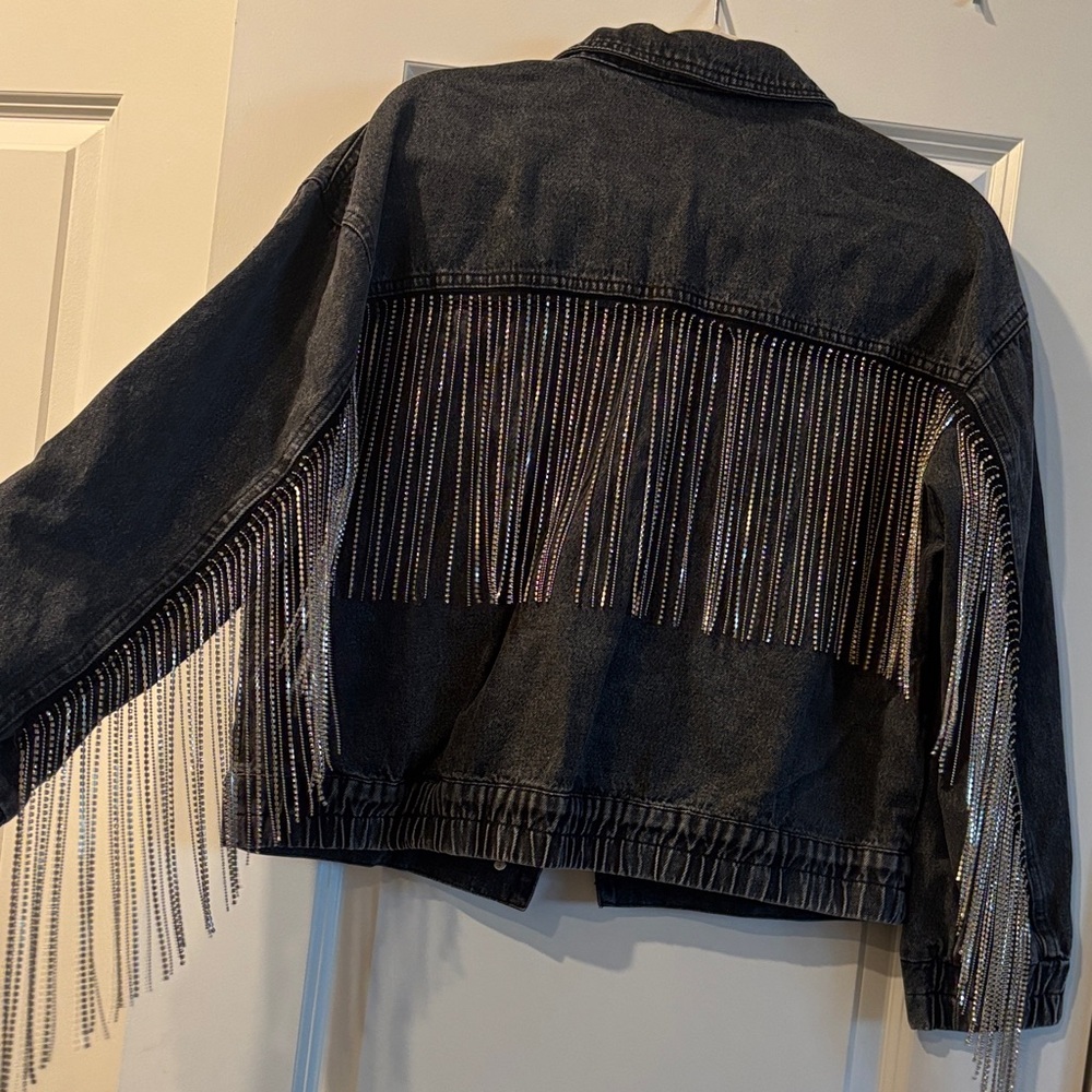 Le Lis Black Jean Jacket with Silver Fringe
